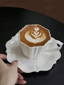 1 Pc French High-End Embossed Floral Lace Design Coffee Cup & Saucer Set, Elegant Afternoon Tea And Latte Cup Back To School - White - View 2