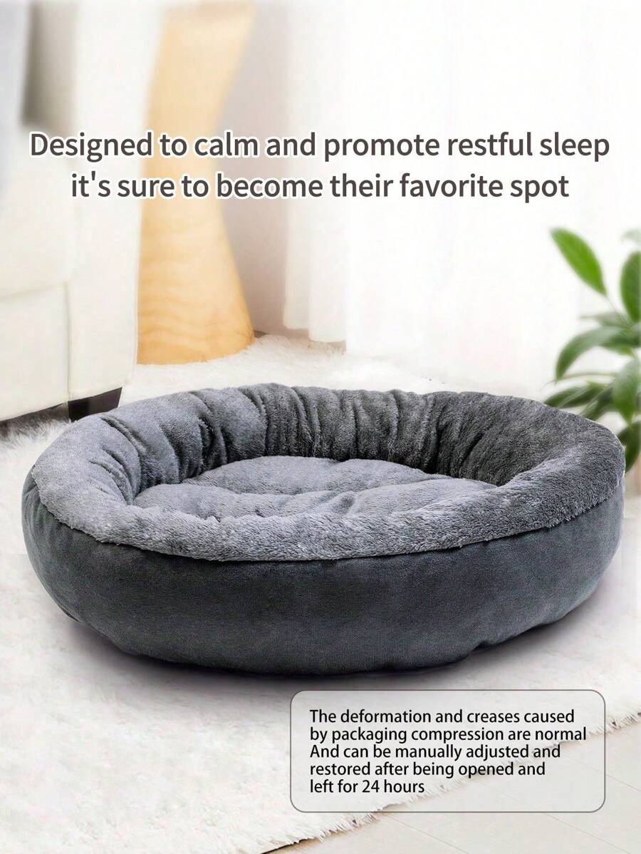 1pc Round Plush Pet Bed For Small/Medium Pets, Thick, Warm, Dark Grey, Soft Cat/Dog Bed Mattress Puppy Keep Dog Bed Cat Bed - Dark Grey - View 1