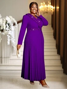 加大码春季紫色复活节长褶女式不对称亮片领高腰场合生日华丽连衣裙，适合节日派对、婚礼宾客礼服、舞会礼服