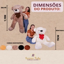 Urso De Pelúcia Gigante Teddy- 90 Cm e 1,10 metros Macio C/ Laço Grátis - Doce de Leite com Laço Azul - Visão 5