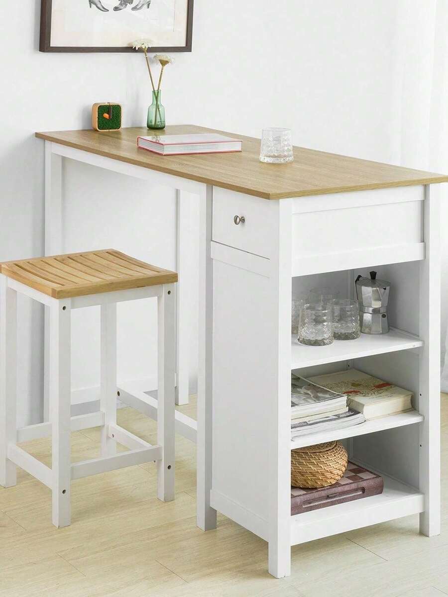 SoBuy FWT64-WN Bar Table, Kitchen Counter, Kitchen Bar Table With One Drawer And Three Shelves, Bistro Table, Kitchen Island, Counter Table, White-Natural, WDH: 120x90x55cm - White - View 1
