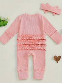 Baby Girl Winter Clothes Newborn Little Sister Going Coming Home Outfit Ruffle Mitten Romper Cute Ribbed Jumpsuit - 粉色 - 查看 2
