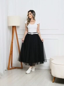 Lined Tulle Midi Skirt Summer Fashion Evangelical Executive Uniform Long Party - màu đen - Xem 1