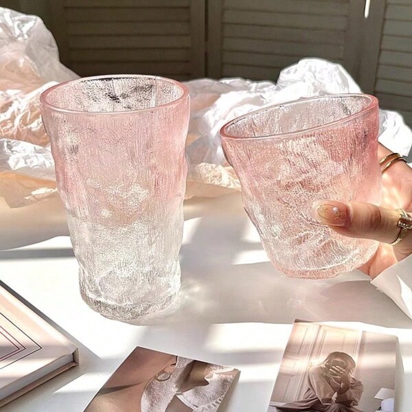 Set de 2 piezas de cristalería de color degradado, 12.85Oz (340.2Ml) con patrón de glaciar para jugo, mojito y s (rosa + transparente)