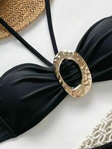 Women's Solid Color Bikini Two-Piece Set, With Metal Accessories In The Middle, Suitable For Summer Swimming Vacation - Black - View 3