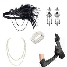1 set de 5 pièces d'accessoires de costume pour fête du festival de Ramadan des années 1920 pour femmes : serre-tête des années 20, collier de perles classique, gants