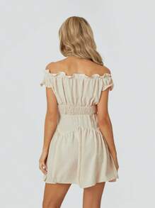 Women Summer Short Dress Solid Color Ruched Bust Boat Neck Off Shoulder Puff Sleeve A-Line One Piece For Ladies - Apricot - View 5