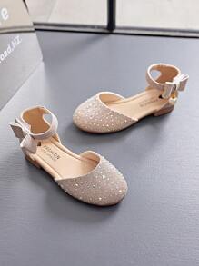 1 Pair Girls Rhinestone Sequin Princess Mary Jane Sandals, Closed Toe Soft Bottom High Heel Dance Shoes With Ankle Strap