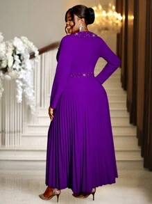 加大码春季紫色复活节长褶女式不对称亮片领高腰场合生日华丽连衣裙，适合节日派对、婚礼宾客礼服、舞会礼服