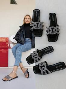 1 Pair Of Summer Promotion Black Girls Non-Slip Slippers Fashion Dynamic Princess Style Flat 16-25 Years Old Girls Sandals Suitable For Indoor And Outdoor Leisure Crystal Cross Flip-Flops - Black - View 1