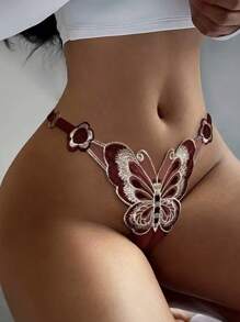1 stuk dames klassieke sexy slip met kantborduursel, vlinder- en bloemenmotief, doorschijnende verstelbare string, lage taille, verleidelijke Franse romantische lingerie, perfect voor bruiloften, vakanties, strand, verjaardagsfeestjes, Valentijnsdag, terug naar school, Moederdag