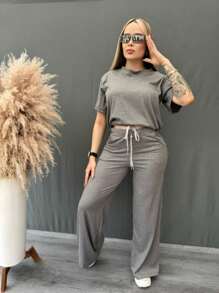 Set 2 piezas acanalado de blusa holgada con cordón en frente hombros caídos y pantalón acampanado con bolsas laterales y cordón en pretina de cintura tela fresca - Gris - Ver 3