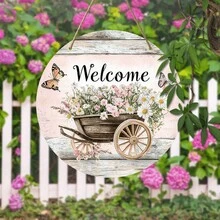 1 Piece, Rustic Style Wooden Welcome Wreath Sign, Pink Flower Farm Decoration, Circular Wall Listing, Manufactured Wood, English Text, Multi-Purpose Home And Outdoor Use, Spring And Summer Decoration