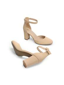 Women's Ankle Strap Closed Toe Chunky Heel Pumps Low Block Round Toe Solid Color Heels Elegant Bridal Wedding Dress Pumps Shoes - 杏色 - 查看 9