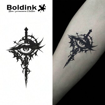  Boldink tillfällig tatuering med allseende öga och taggiga svärdsdesign, icke-permanent tatueringsteknologi, varar 1-2 veckor, delikat och intrikat tatueringsdesign, matt finish, utmärkt val för tillfälliga tatueringar