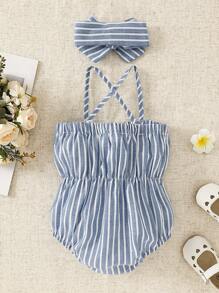 2件套婴儿连体衣，带围兜和蝴蝶结设计+发带，蓝白相间 - 藍色 - 查看 3