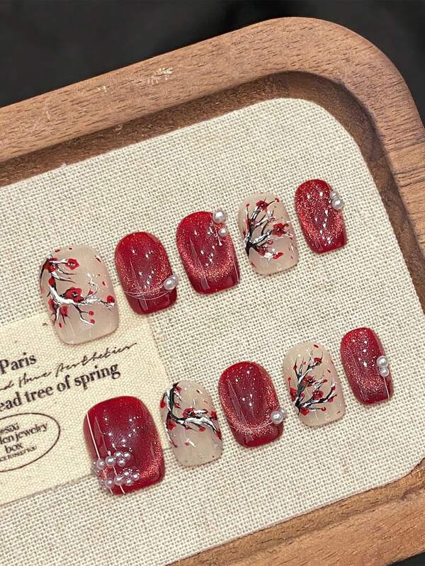 10 piezas de uñas postizas brillantes de ojos de gato rojos con bordes naturales y suaves, para compras, viajes y citas