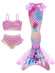 3-Piece Young Girl Mermaid Tail Bikini Set With Mesh, Swimwear Costume