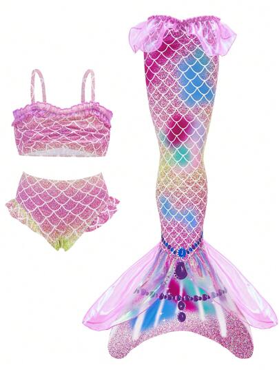 3-Piece Young Girl Mermaid Tail Bikini Set With Mesh, Swimwear Costume
