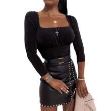 Women Mini Skirt Pu Leather Skirt Rhinestone Elengant High Waist Leather Penci Skirt - 黑色 - 查看 3