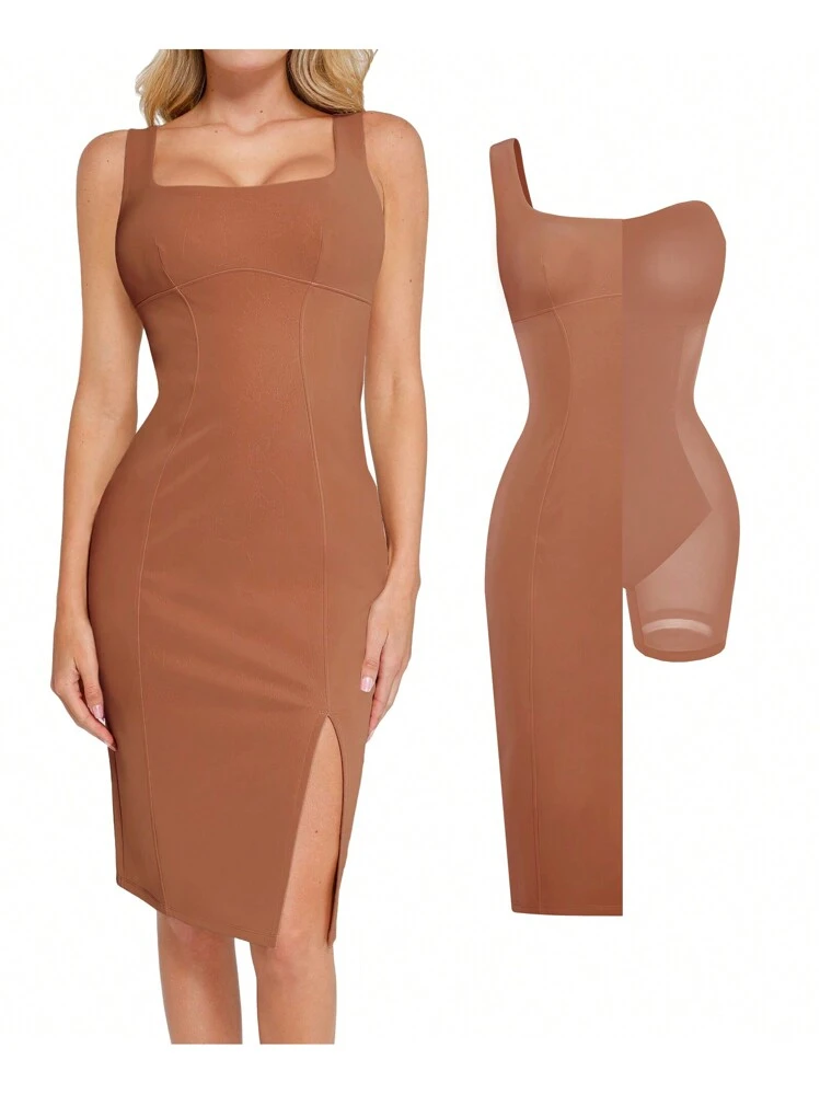 leather dress with shapewear Faux Leather Zip-Front Midi Dress | Built-In Shapewear