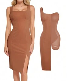 Popilush Leather Dress With Built In Shapewear Square Neck Slit Midi Dresses Faux Leather Concert Club Outfits For Women - màu nâu - Xem 1