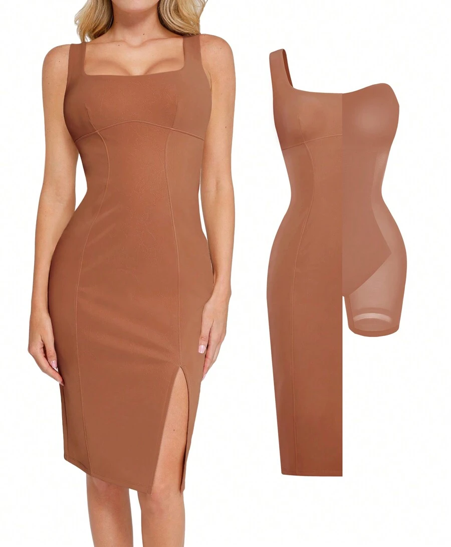 Popilush Leather Dress With Built In Shapewear Square Neck Slit Midi Dresses Faux Leather Concert Club Outfits For Women - màu nâu - Xem 1