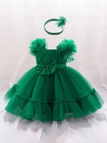 1件女婴荷叶边薄纱蝴蝶结可爱一周岁生日派对连衣裙，适合花童婚礼庆典，附赠发带 - 墨綠色 - 查看 3