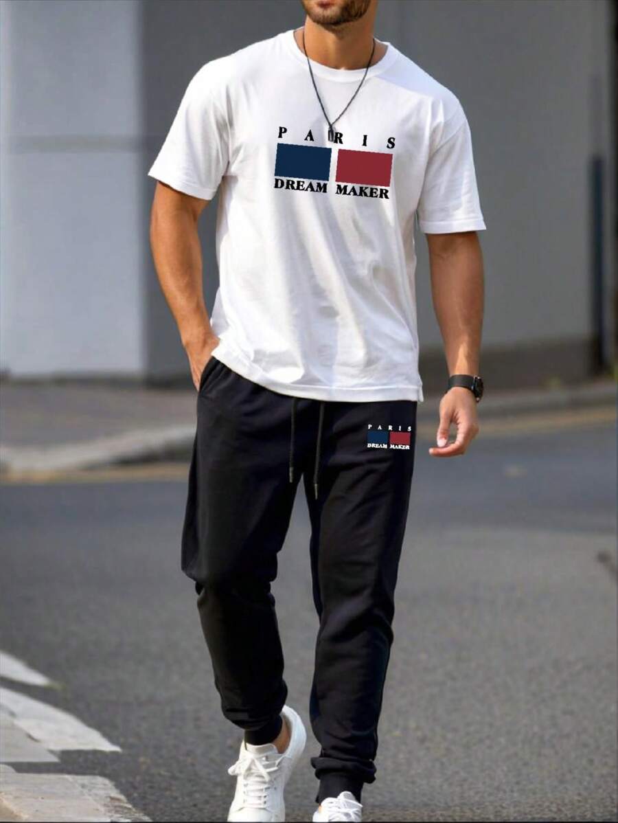 男士巴黎图案短袖 T 恤和休闲长裤套装，日常穿着