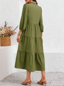 2026 Popular Fall Maxi Shirt Dress V Neck Vestidos Elegantes De Mujer Button Down 3/4 Sleeve Tiered Collared Flowy Design - 軍綠色 - 查看 5