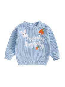 Baby Easter Sweaters Long Sleeve Round Neck Bunny Carrot Embroidery Pullover Toddler Jumper Tops - Blue - View 1