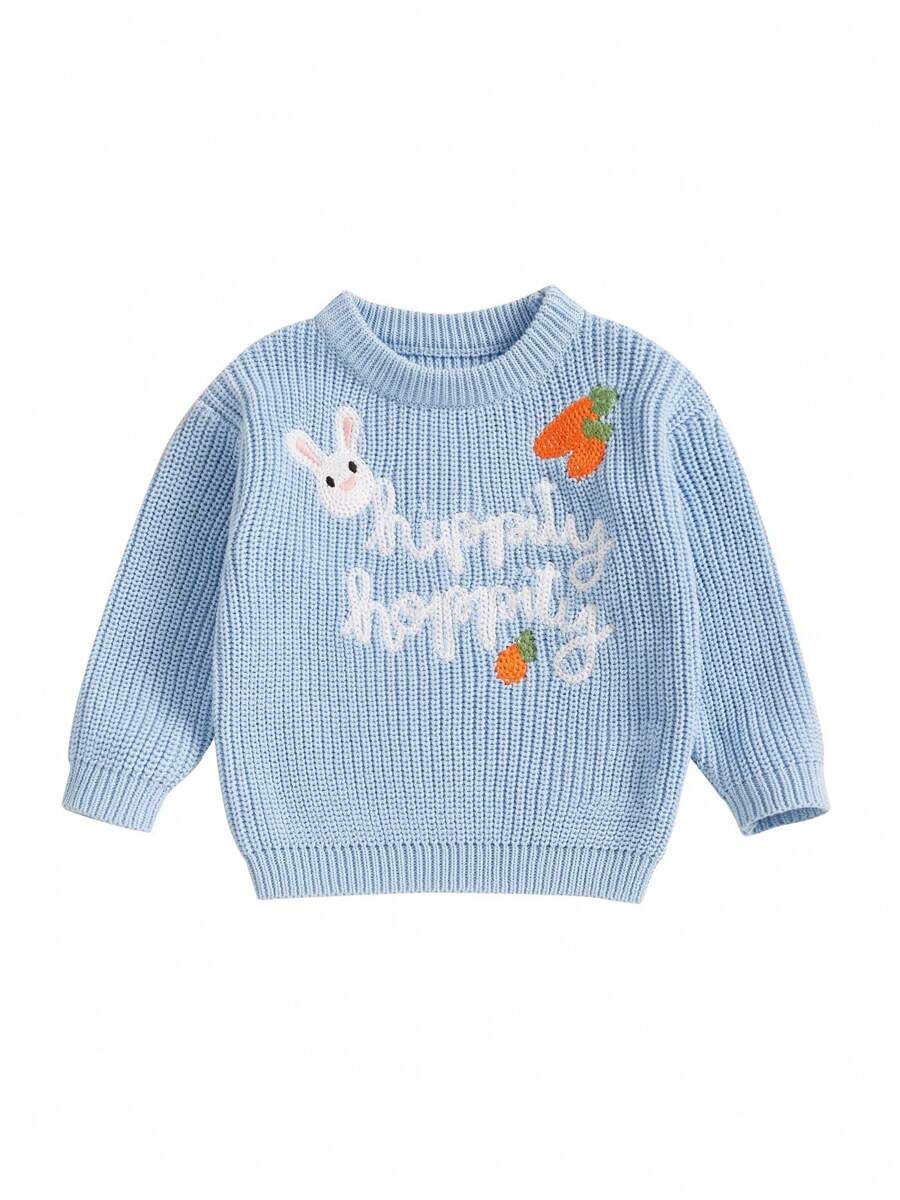 Baby Easter Sweaters Long Sleeve Round Neck Bunny Carrot Embroidery Pullover Toddler Jumper Tops - Blue - View 1