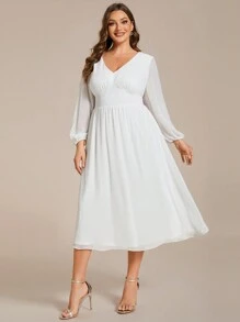 EVERPRETTY Plus Size Chiffon High Waist Long Sleeves Bachelorette Party Dress Formal Midi Dress Bridal Shower Dress Wedding Dress For Bride Engagement Dresses - White - View 3