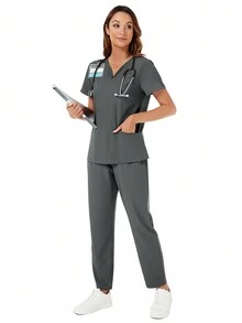 V-Neck Short Sleeve Top And Pocketed Pants Uniform Set, Scrub Set - Grey - View 3