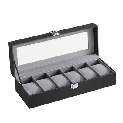  SONGMICS Watch Box With 6 Slots, Watch Case With Glass Lid, Watch Display Box With Removable Watch Pillows, Metal Clasp, Gift Idea, Black Synthetic Leather, Greenish Grey Lining