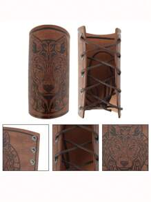 1 Pair Wolf Face Pattern Faux Leather Arm Wraps With Square Lace-Up Design, Renaissance LARP Costume Accessory, Viking Arm Bracers - A - View 4