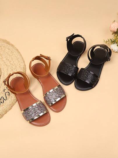 1 Pair Plus Size Girl's Black Flat Sandals, Gradient Bling Bling Design, Buckle Strap, Round Toe Open Toe, Non-Slip, Cute Fashion Roman Sandals Suitable For Daily, Casual, Travel, Holiday, Party, Spring/Summer New Arrival