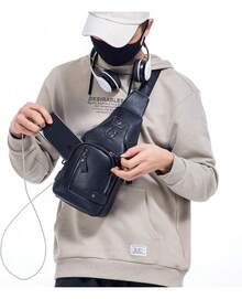 Genuine Leather Sling Bag With USB Charging Port Multi-Pocket Chest Bag For Men Hiking Travel Daypack XB-129 - Magic Black - View 5