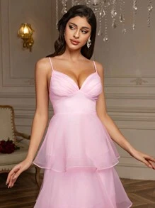 Frühlings- und Sommer A-Linien Kleid mit rosa Organzabändern, romantisches Valentinstagkleid, Geburtstagsparty-Kleid, mehrlagiger Kuchensaumrock, geeignet als Abschlussballkleid, kann auch für Strandurlaub, Lässig, Geburtstagsfeiern und als Hochzeitsgast-Kleid getragen werden