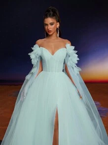 Anymoon Elegant Off Shoulder Mesh Applique Long Evening Dress, Party Dress, Wedding Guest Dress, Formal Dress,Gown