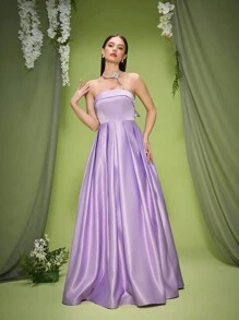 Mgiacy,New Arrival,Tube Top,Bow, Elegant Bridesmaid Dress,Ruched,Romantic,Long Dress - Mauve Purple - View 4