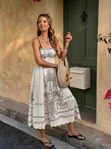 Women Floral Print Ruffle Strap Midi Dress