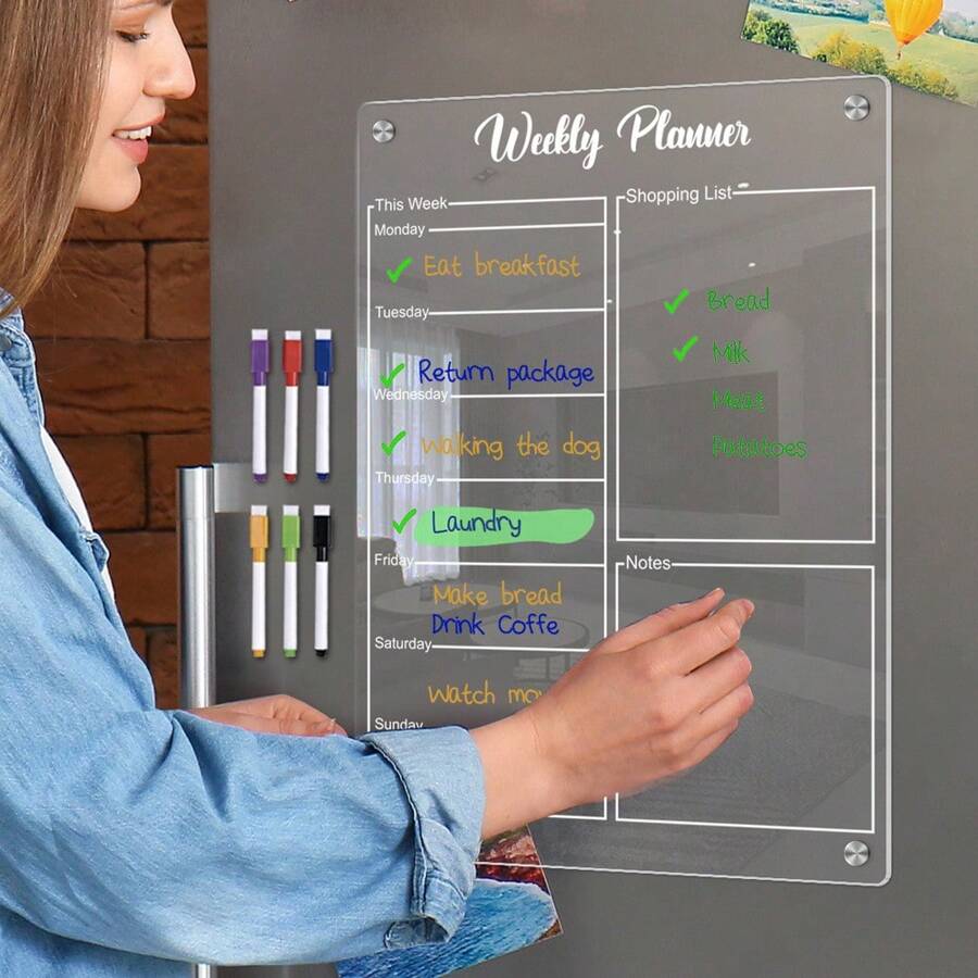 1pc Magnetic Dry Wipe Calendar Board In Acrylic(Includes 6 Whiteboard Markers), Acrylic Board Magnetic Calendar For Refrigerator, Magnetic Calendar With Marker Pen, Fridge Calendar, Magnetic Dry Erase Calendar, Weekly Planner For Refrigerator Planners, Refrigerator Accessories Gifts Birthday Graduation - transparent - View 1