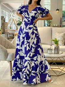 Plus Size Women Floral Print V-Neck Dress With Puff Sleeves & Ruffle Hemline, Polyester Knot Detail, Back Zipper, Elegant Vacation Dress For Spring, Summer & Autumn