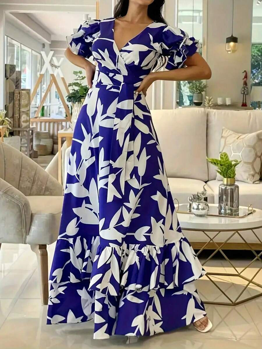 Plus Size Women Floral Print V-Neck Dress With Puff Sleeves & Ruffle Hemline, Polyester Knot Detail, Back Zipper, Elegant Vacation Dress For Spring, Summer & Autumn