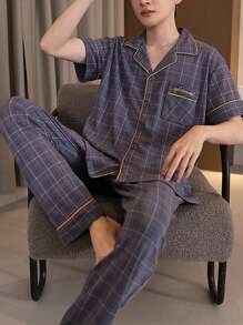 [PONX]2pcs/Set Men Open Front Short Sleeve Pajamas Top And Long Pants, Breathable Moisture-Wicking Home Suit - Navy Blue - View 1