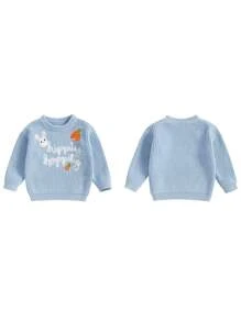 Baby Easter Sweaters Long Sleeve Round Neck Bunny Carrot Embroidery Pullover Toddler Jumper Tops - Blue - View 2