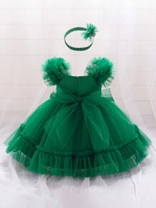 1件女婴荷叶边薄纱蝴蝶结可爱一周岁生日派对连衣裙，适合花童婚礼庆典，附赠发带 - 墨綠色 - 查看 2