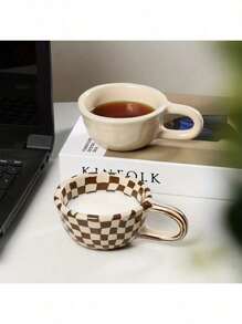1pc 200ml Coffee Mug Ceramic Coffee Cups Brown Plaid Pattern Water Cups Summer Drinkware Kitchen Stuff Home Kitchenware Gifts
