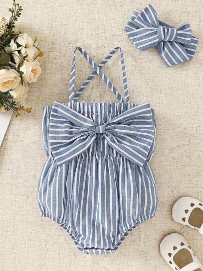 مجموعة 2 قطعة رومبير رضيع مع بدلة وتصميم فيونكة + شريط رأس، أزرق وأبيض